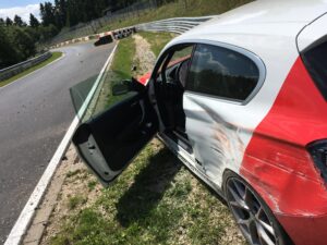 A crashed BMW on the Nurburgring